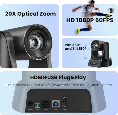 Conference Room PTZ Camera System with 20X Optical Zoom | 1080P 60fps HDMI USB Webcam for Church Streaming Online Video Conference| Compatible with Zoom, OBS | Easy Setup