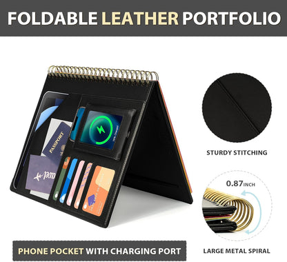 Clipboard with Storage for Men Women, Leather Padfolio Portfolio Organizer 5 Folders with 10 Pockets, Spiral Clipboard Folio with Notepad for Letter Size, Elastic Closure and Pen Loop Black