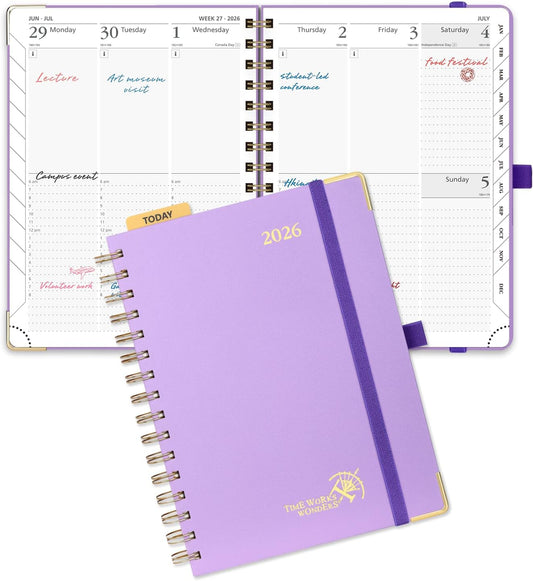 POPRUN 2026 Planner (Medium Size 8.5'' x 6.25'' Wire-Bound Hard Cover) Daily Weekly and Monthly Calendar - Agenda 2026 (Jan.2026-Dec.2026) with Hourly Schedule, Monthly Tabs - Violet