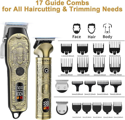 HIENA PRO Hair Clippers for Men Professional, Cordless Barber Clipper T-Blade Beard Trimmer Nose & Body Hair Trimmer Foil Shaver Grooming Kit, Electric Full Men's Hair Cutting Kit with 17 Guide Combs