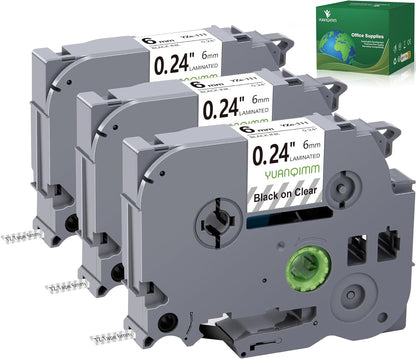 TZe-111 6mm TZe Clear Tape Compatible with Brother PTouch TZe111 TZ-111 TZ111 TZ 6mm 0.23 Laminated Black on Clear Label Maker Tape for PT D200 D210 D220 D400 PT-H110, 3-Pack