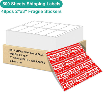 MFLABEL 2x4 Shipping Labels 10-UP - 500 Sheets (5000 Labels!) for Laser/Inkjet Printers | Industrial Adhesive for Boxes/Mailers | FBA & UPS Certified + Free 48 Fragile Stickers