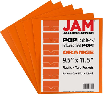 JAM PAPER Plastic 2 Pocket POP Folders - Durable School Folders - Orange - 6/Pack