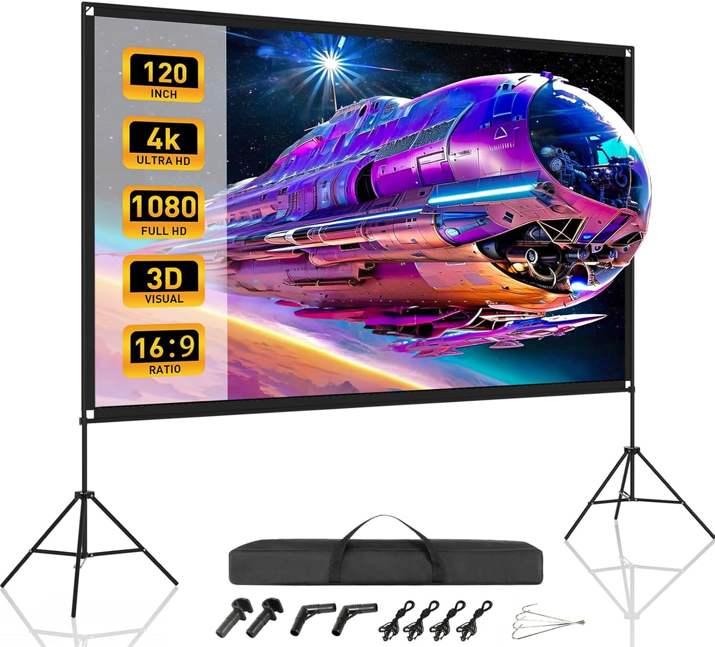 120 Inch Projector Screen with Dual Tripod Stands, 16:9 4K HD Foldable Anti-Crease Portable Outdoor Projector Screen with Stand for Movie Nights, Backyard, Indoor Home Theater, Large Projection Screen