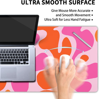 Pink Orange Cute Gaming Mouse Pad Large XL Kawani Preppy Abstract Modern Geographic Extended Large Desk Mat Mousepad Non-Slip Rubber Base Stitched Edge Long Desk Pad for Desktop Office PC,24x14 Inch