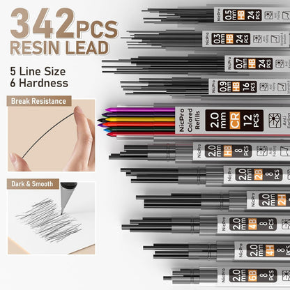 Nicpro 37PCS Gold Art Mechanical Pencil Set, 4PCS Metal Drafting Pencil 0.3/0.5/0.7/0.9 mm & 2PCS 2mm Lead Holder (6B 4B 2B HB 2H 4H) School Supplies for Sketching Drawing with 23 Tube Lead Refills