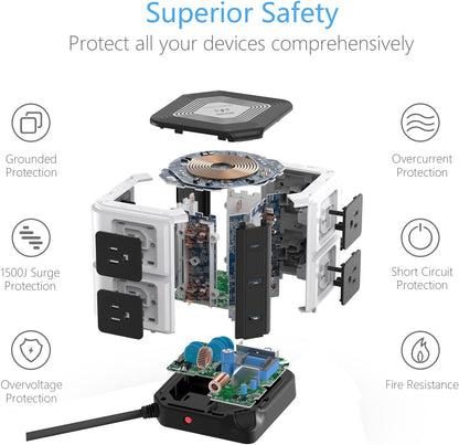 USB Power Strip with Wireless Charger BESTEK 8-Outlet Surge Protector and 40W 6-Port USB Charging Dock Station,1500 Joules,ETL Listed,Dorm Room Accessories (8AC+6USB+Wireless Charger-Black)