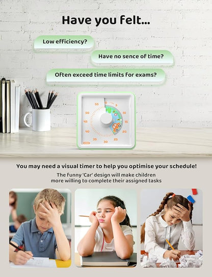 LIORQUE 60 Minute Visual Timer for Kids, Visual Countdown Timer for Classroom Office Kitchen with 'Car' Pattern Design, Pomodoro Timer with Silent Operation (Batteries Included)