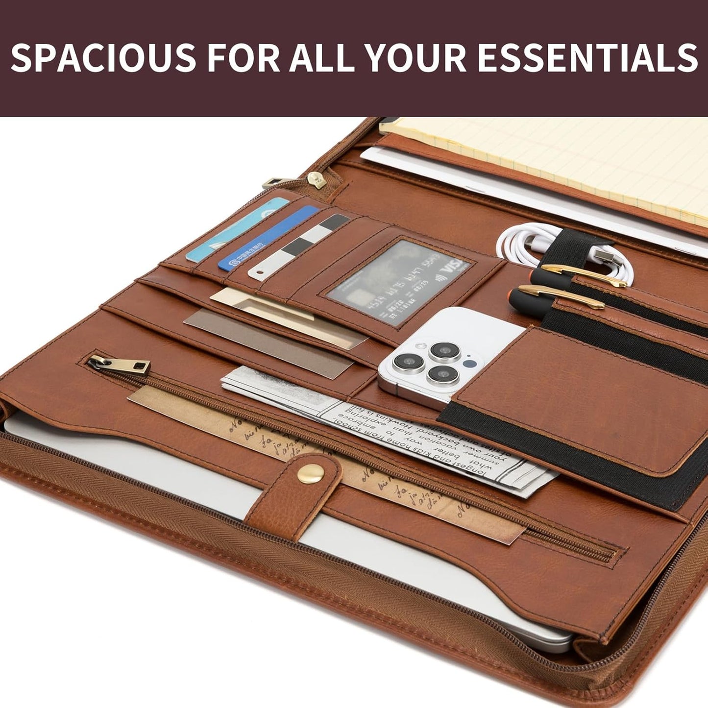 Genuine Leather Portfolio for Women and Men, 8.5 x 11 Legal Pad Padfolio, Zippered Notebook Organizer for 13” Laptop, Business Executive Professional Folio for Work, Brown, Oil Tanned