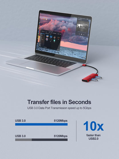 USB 3.0 Hub,4 Port USB Splitter Extender Portable Adapter Multiport Data Hub for Laptop,Xbox, Flash Drive,HDD,Console,Camera,Keyborad,Mouse Windows,Mac OS PC,Not Designed to Charge Devices-Red