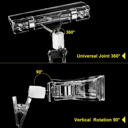 60 Pieces Rotating Clip on Sign Holder Plastic Merchandise Retail Display Sign Clip Holder with Clamp Pop Swivel Rack Card Sign Business Store Price Tags Sign Holder