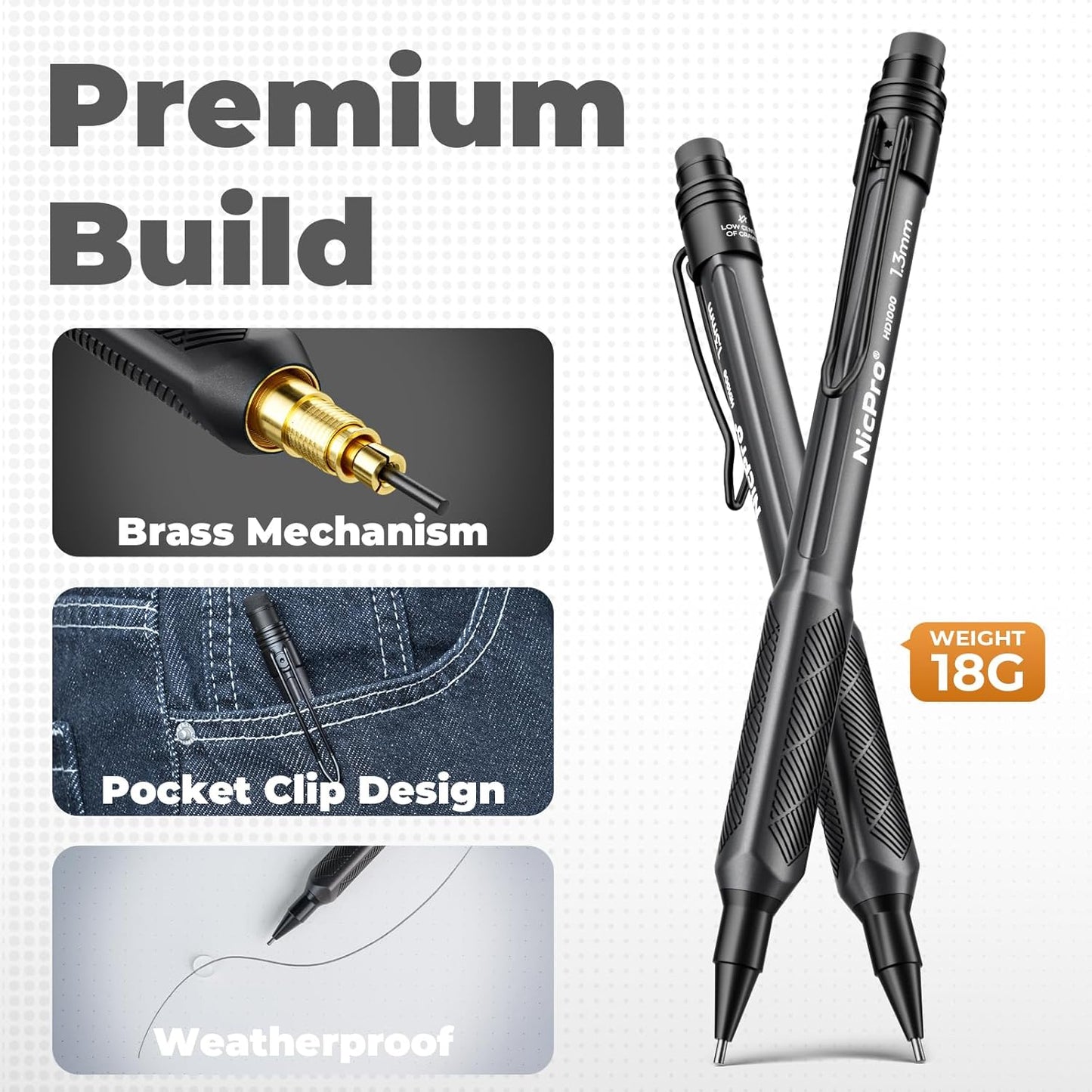 Nicpro 3 Pack Weatherproof Mechanical Pencil Set, 1.3mm Metal Mechanical Pencils, Heavy Duty Pencil for Outdoor All Weather Marking Drafting Drawing with 75 Lead Refills, Erasers, Case (Black, HD1000)