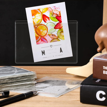 Outus 100 Pcs Clear Self Adhesive Pockets - Bin Labels for Storage Bins, Pocket Label Sleeves, Plastic Index Card Holder with Top Open for Organizing Bins Box Drawer(5 x 7 Inch)