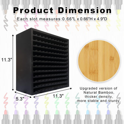 MinBoo Bamboo Marker Organizer Wooden Art Supply Storage Organizer Rack Art Markers Pens Colored Pencils Paint Brushes Stationary Organizer Holder (Black, Rack for 144 Markers)