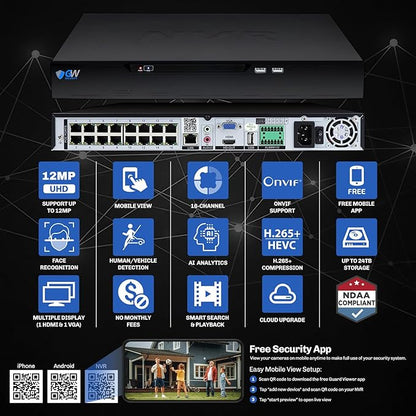 GW Security 16 Channel NVR UltraHD 4K Face Recognition NDAA & TAA Compliant Security Camera System with 16 x 8MP @25FPS Outdoor & Indoor PoE Turret Cameras, 10 Smart AI Functions