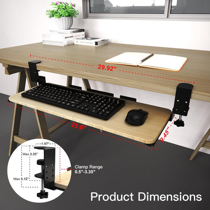 Ergonomic Keyboard Tray Under Desk Pull Out with Adjustable C-Clamp Mount, Slide-Out Computer Keyboard and Mouse Platform Drawer for Office and Home Typing (Light Wood)
