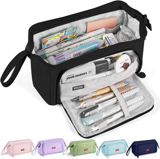 Pencil Case Pouch Large Capacity with Compartments, Pencil Case Pouch Bag with Zipper Handle for Teen Girls Boys Adults Women Men, Portable Pen Bag Stationery Organizer for Office School Travel, Black