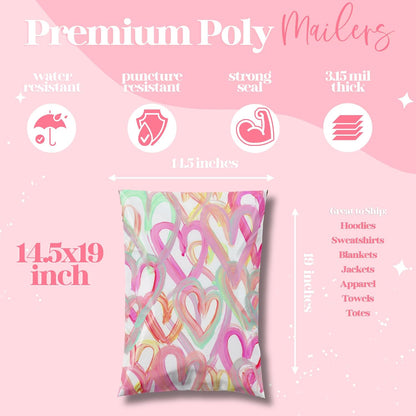 14.5x19 Designer Poly Mailer 100 Pack Heavy Duty Waterproof Self Seal Shipping Bags for Small Business Large Mailing Envelopes Bulk Tear Resistant Cute Packaging Happy Hearts
