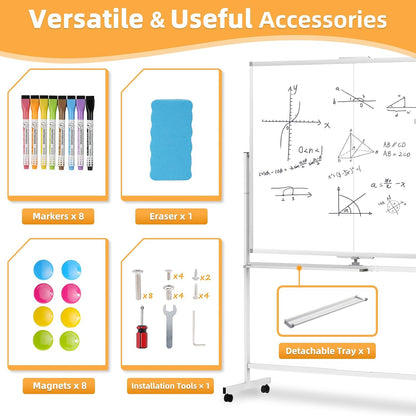 WALGLASS Rolling Whiteboard on Wheels, 72"x36" Double-Sided Dry Erase White Board with Stand, Large Magnetic Whiteboard, Giant Portable Standing Whiteboards for Office, School, Home, Classroom 6x3 ft