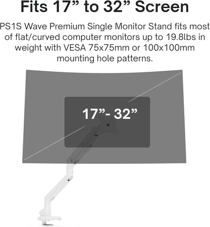 Pixio PS1S Wave White Single Monitor Arm Stand Desk Mount - Fits up to 32 inches Monitors and up to 19.8lbs. VESA Compatibility and Integrated Cable Management