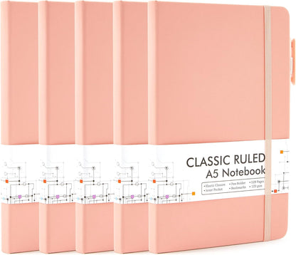 feela 5 Pack Notebooks Journals Bulk, Hardcover Classic Ruled Lined Journals with Pen Holder for Women Girls School Business Supplies, with 5 Black Pens, 120 GSM, 5.1”x8.3”, A5, Light Coral