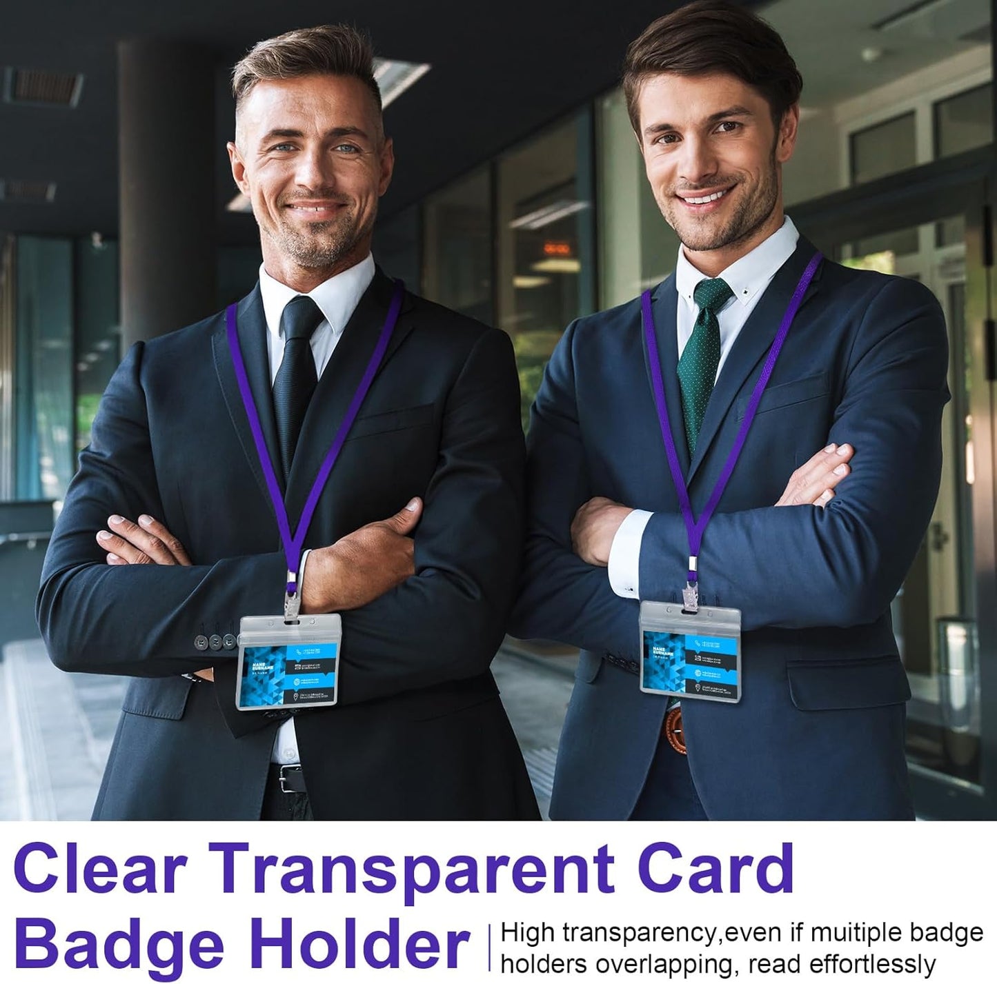 Marspark 100 Sets Clear Name Tags with Lanyard, Lanyards for ID Badges Reusable Strap with ID Holder Plastic Name Badges for Adults Business School Church Conference (Dark Purple)