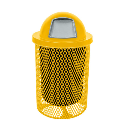 32-Gallon Heavy-Duty Expanded Metal Round Trash Receptacle, Commercial Outdoor Waste Bin with Liner & Dome Lid – Made in America (Textured Yellow)