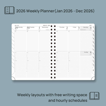 POPRUN 2026 Planner (Medium Size 8.5'' x 6.25'' Wire-Bound Hard Cover) Daily Weekly and Monthly Calendar - Agenda 2026 (Jan.2026-Dec.2026) with Hourly Schedule, Monthly Tabs - Midnight Green