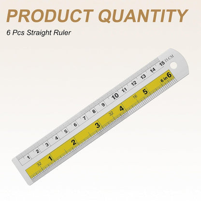 HARFINGTON 6pcs Metal Straight Ruler 15cm Metric SAE Aluminum Alloy Measuring Rulers Scale Tool with Hole for Measure Study Reading Classroom Office, Yellow