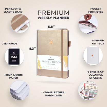 Clever Fox Planner Premium Edition – Undated Luxurious Weekly & Monthly Planner to Increase Productivity and Hit Your Goals – Organizer – Start Anytime, A5, Lasts 1 Year, Pearl (Weekly)