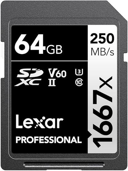 Lexar 64GB Professional 1667x SD Card, UHS-II, C10, U3, V60, Full HD, 4K, Up To 250MB/s Read SDXC Memory Card, for Professional Photographer, Videographer, Enthusiast (LSD64GCBNA1667)