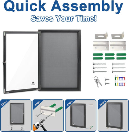 Lockable Outdoor Enclosed Bulletin Board,Weatherproof Cork Noticeboard with Locking Door, Wall-Mounted Aluminum Frame Display Case for Office, Home, School (Black Frame | Greyfelt Surface, 36x24 inch)