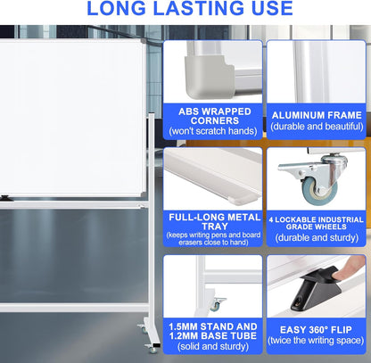 Mobile Magnet Large Whiteboard with Stand 72x40 Double-Sided Dry Erase Board with Stand - Magnetic Portable Standing Whiteboard - Rolling White Boards with Easy Flip Feature