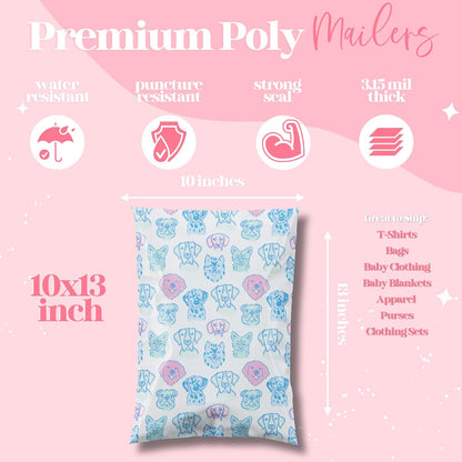 10x13 Designer Poly Mailer 100 Pack Heavy Duty Waterproof Self Seal Shipping Bags for Small Business Large Mailing Envelopes Bulk Tear Resistant Packaging Pretty Pups Puppy Dogs