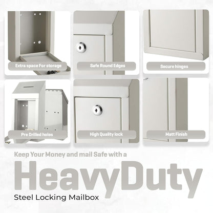 Metal Donation Box-Suggestion Box with Slot and lock-Cash Lock box for Money-Secure Drop Box-Comment and ballot voting box-comes with pre-drilled holes for easy wall mounting 10 X 6 X 2.5"(Off White)