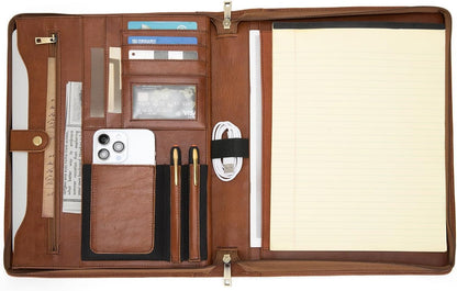 Genuine Leather Portfolio for Women and Men, 8.5 x 11 Legal Pad Padfolio, Zippered Notebook Organizer for 13” Laptop, Business Executive Professional Folio for Work, Brown, Oil Tanned