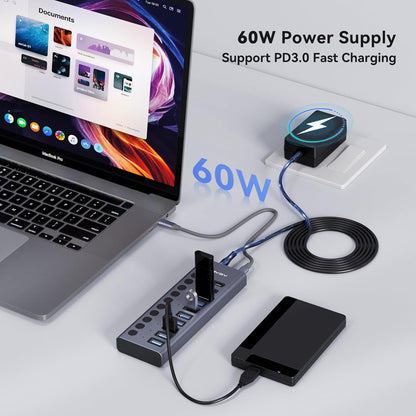ACASIS 10 Ports 60W USB C 3.2 Hub, 10Gpbs Data Transfer, 20V/3A Power Adapter, Individual On/Off Switches, Aluminum Housing, USB Splitter for PC, Computer, Laptop, Mobile HDD, Flash Drive