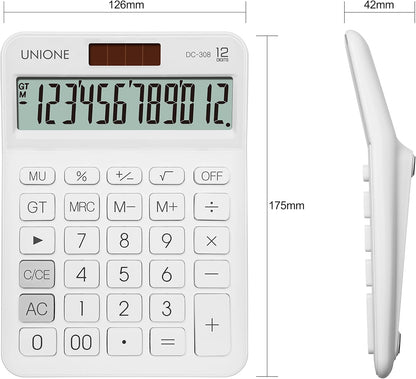 UNIONE Big Size Calculator with a Bright LCD, Dual Power Handheld Desktop. Color. Business, Office, High School 5×7in (WHITE)