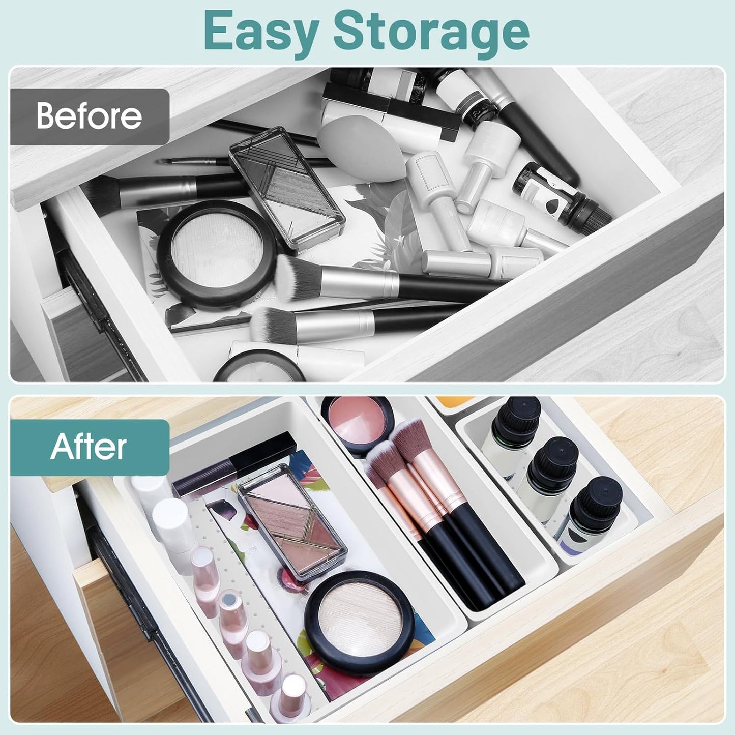 WOWBOX 25 PCS Plastic Drawer Organizer Set, 4 Sizes Desk Drawer Divider Organizers and Storage Bins for Makeup, Jewelry, Gadgets for Kitchen, Bedroom, Bathroom, Office, White