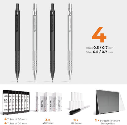Four Candies 4PCS Metal Mechanical Pencils Set with Case, 0.5mm & 0.7 mm Artist Pencil with 8 Tubes (480PCS) HB Lead Refills, 3 Erasers,9 Eraser Refills For Writing Drafting, Drawing, Black&Silver