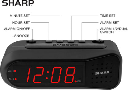 Sharp Digital Alarm Clock – Black Case with Red LEDs - Ascending Alarm Grows Increasing Louder, Gentle Wake Up Experience, Dual Alarm - Battery Back-up, Easy to Use with Simple Operation