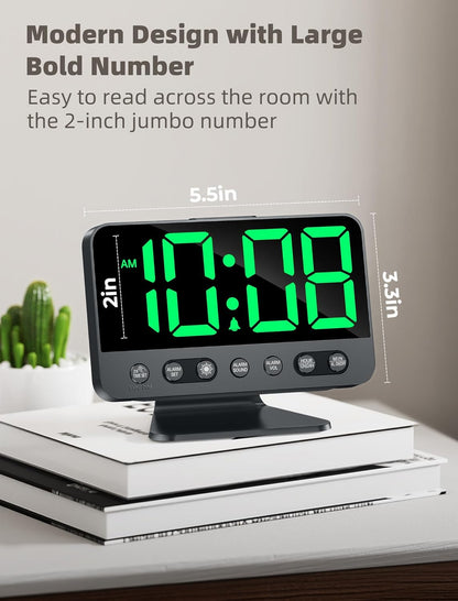 Digital Alarm Clocks for Bedrooms: Large Bold Number 5 Brightness Dimmer - Easy to Read Across The Room - 5 Alarm Sound 8 Night Light - Green