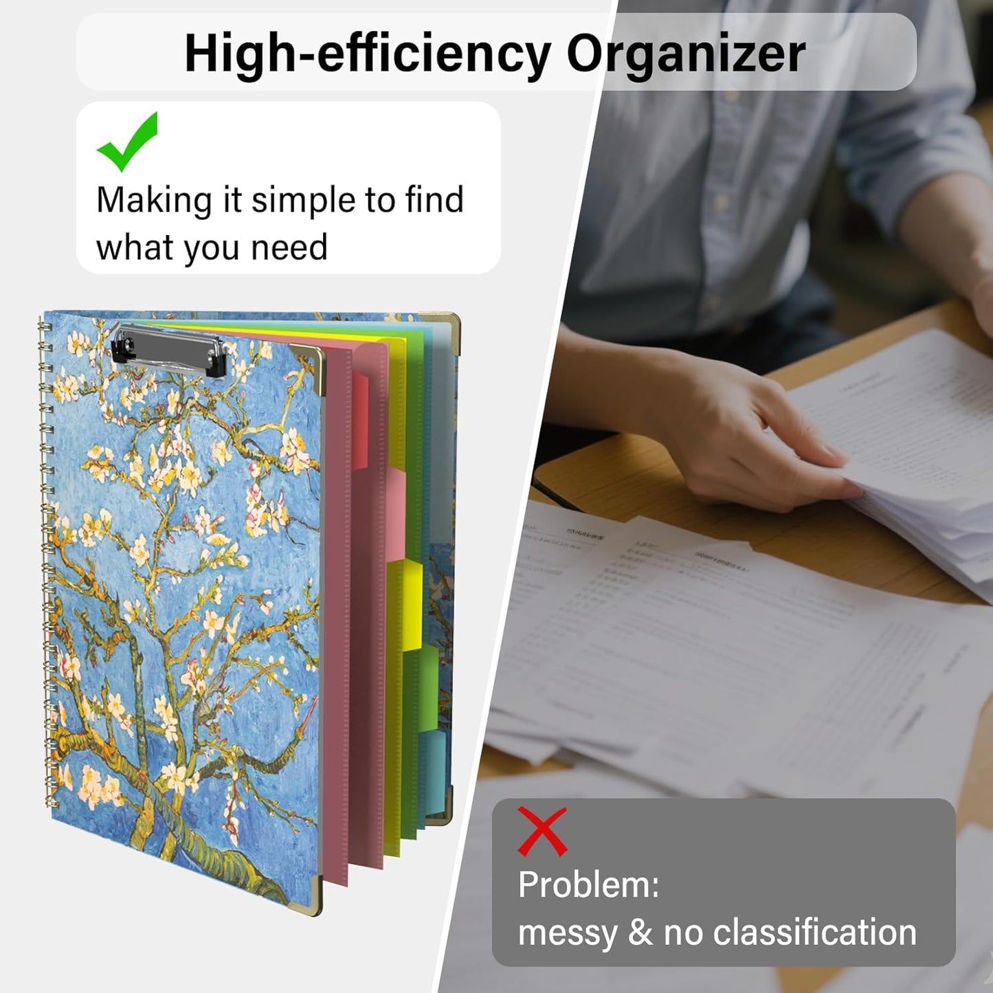 Foldable Clipboard Folio with Storage, 5 Plastic Folders with 10 Pockets,Refillable Lined Notepad (11" x 8.5"), Hardcover Project Organizer Nursing Teacher School Essentials(Almond Tree)