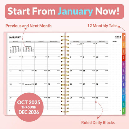 SUNEE 2026 Weekly and Monthly Planner - from January 2026 - December 2026, 6.4" x 8.3" Daily Agenda Planner with Monthly Tab, Flexible Cover, Note Pages, Pockets, Bookmark, Spiral Binding, Pink