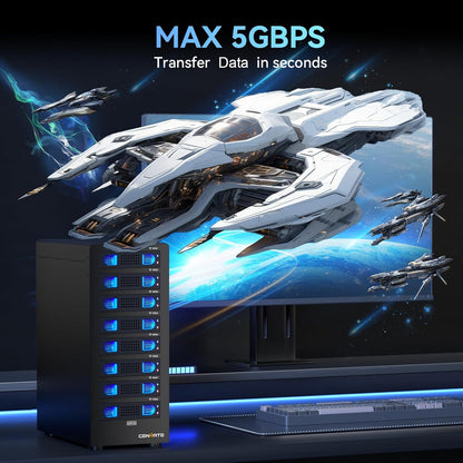 8 Bay Hard Drive Enclosure with Cooling Fan for 2.5/3.5" SATA HDD/SSD with USB A/C 3.0 Cable, 3.5 Hard Drive Enclosure Supports 160TB Capacity, Tool-Free HDD Enclosure, DAS(NO RAID/NAS)