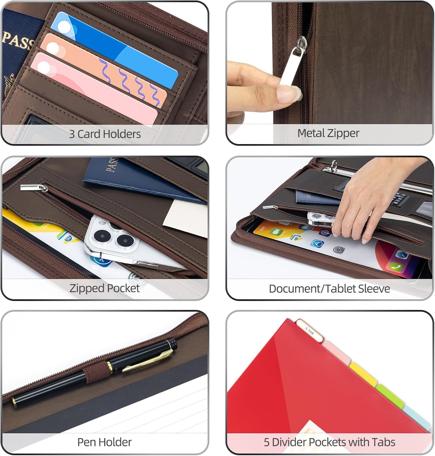 Ospelelf Zippered Portfolio Binder, Leather Clipboard Folder with Storage, 3 Ring Binder 1 Inch, 12.1” Tablet Sleeve, 5 Dividers with Pocket, Refillable Notepad, Card Slot (Brown)