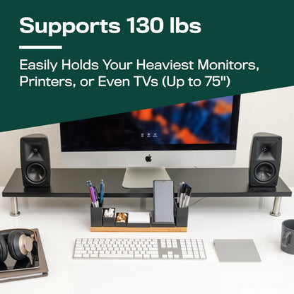 The Original Bamboo Dual Monitor Stand (As Seen On PBS) - 42 Inch Large Monitor Riser for Computer Screens, Laptop or TV - Desk Shelf Adds Storage Space and Improves Ergonomics - Black