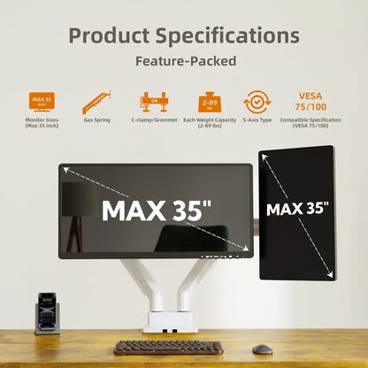 Claiks Dual Monitor Mount for Max 35 inch Screens Stand up to Max 89 lbs, Ergonomic Gas Spring Heavy-Duty Adjustable Monitor Arm, with Clamp and Grommet Base, VESA Mounting Holes 75&100mm, White