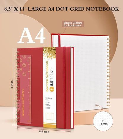Dotted Notebook, Spiral Notebook Journal 8.5” x 11”, A4 Large Dot Grid Notebooks for Women Men, 100 GSM Dotted Paper, Plastic Hardcover Spiral Bullet Journals for Work School Sketching, Red