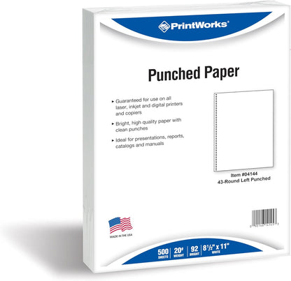 PrintWorks Professional Pre-Punched Spiral Binding Paper - 43-Hole (4:1 Pitch Hole Punch) - Book Binding Printer Paper - Made in the USA - 500 Sheets - 8.5" x 11" - 20 lb - 92 Bright White (04144)